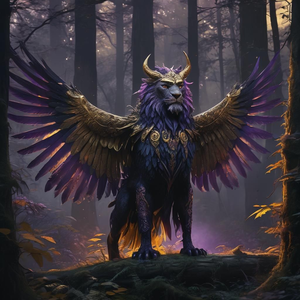 Winged Lion in Mystical Forest, Dark Fantasy Art