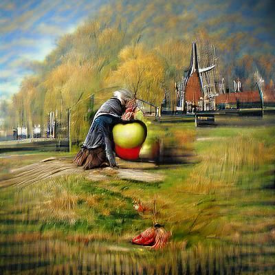Woman Picking Apples in Dutch Realism Style
