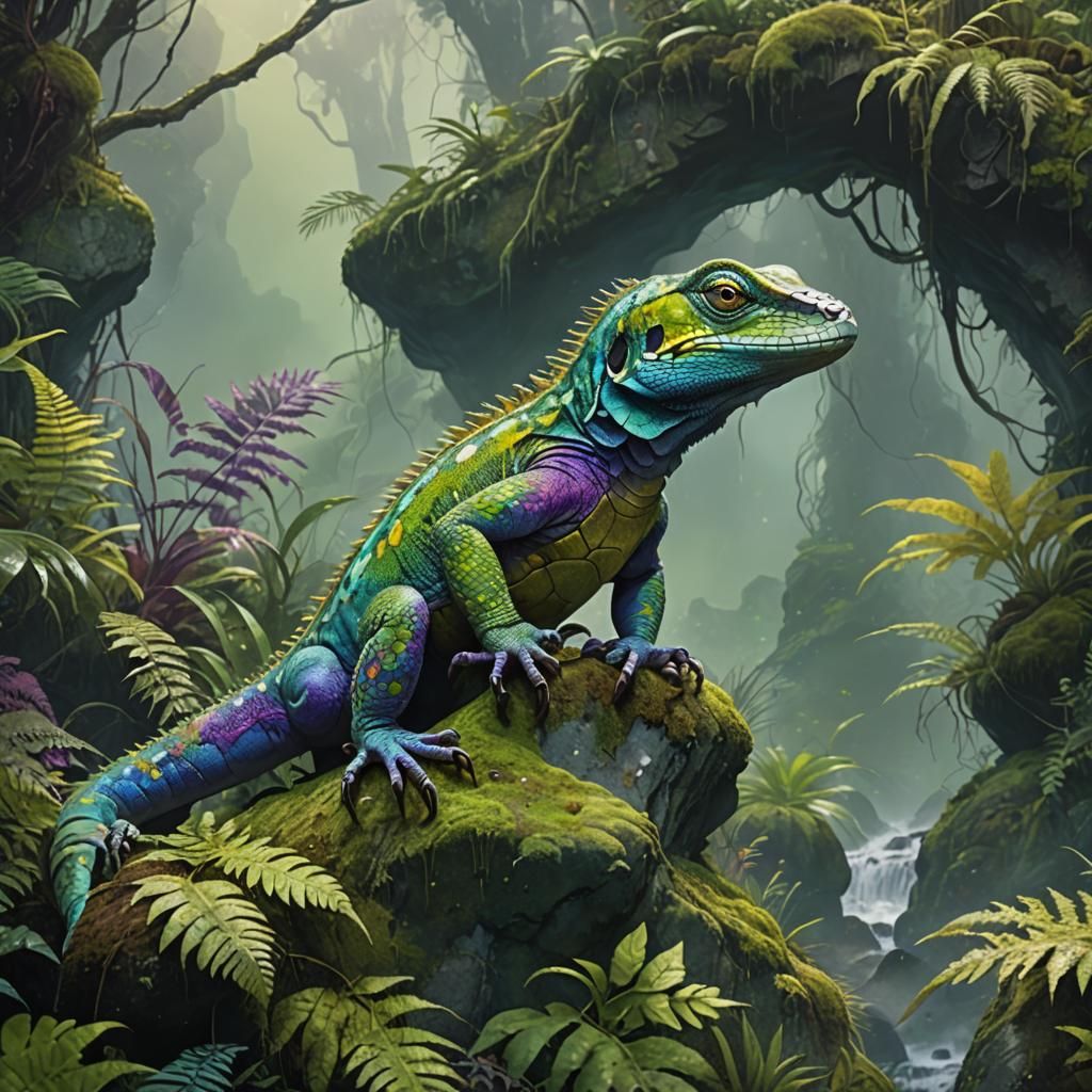 Camouflage Lizard in Misty Jungle: Fantasy Concept Art