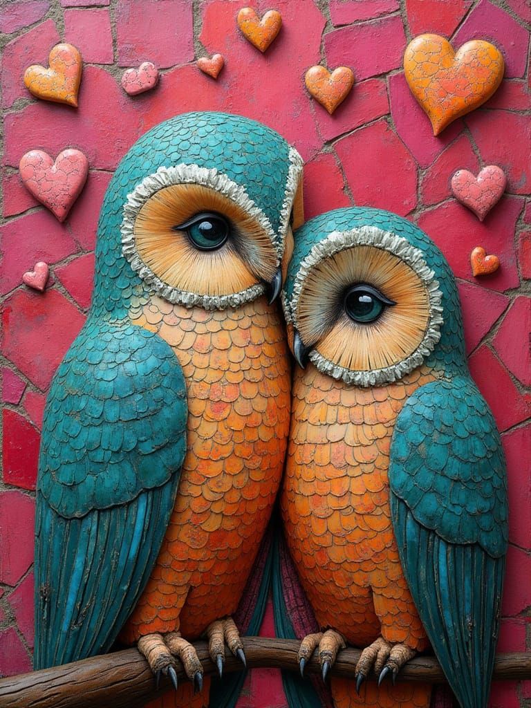 Dadaist Owls Cuddled in Optimistic Dystopia