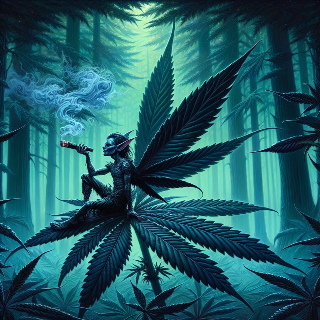 Gothic Fairy in Ganja Forest with Cannabis Leaf