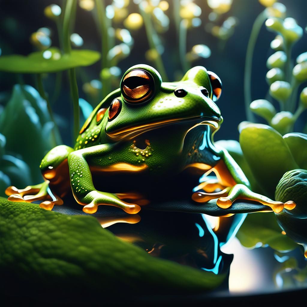 Bioluminescent Frog Terrarium in Hyperreal Digital Art