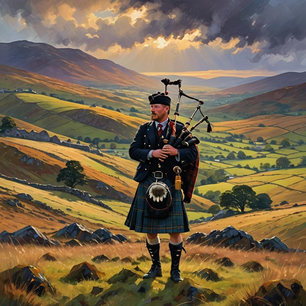 Scottish Bagpiper in Highlands, Expressionist Oil Painting