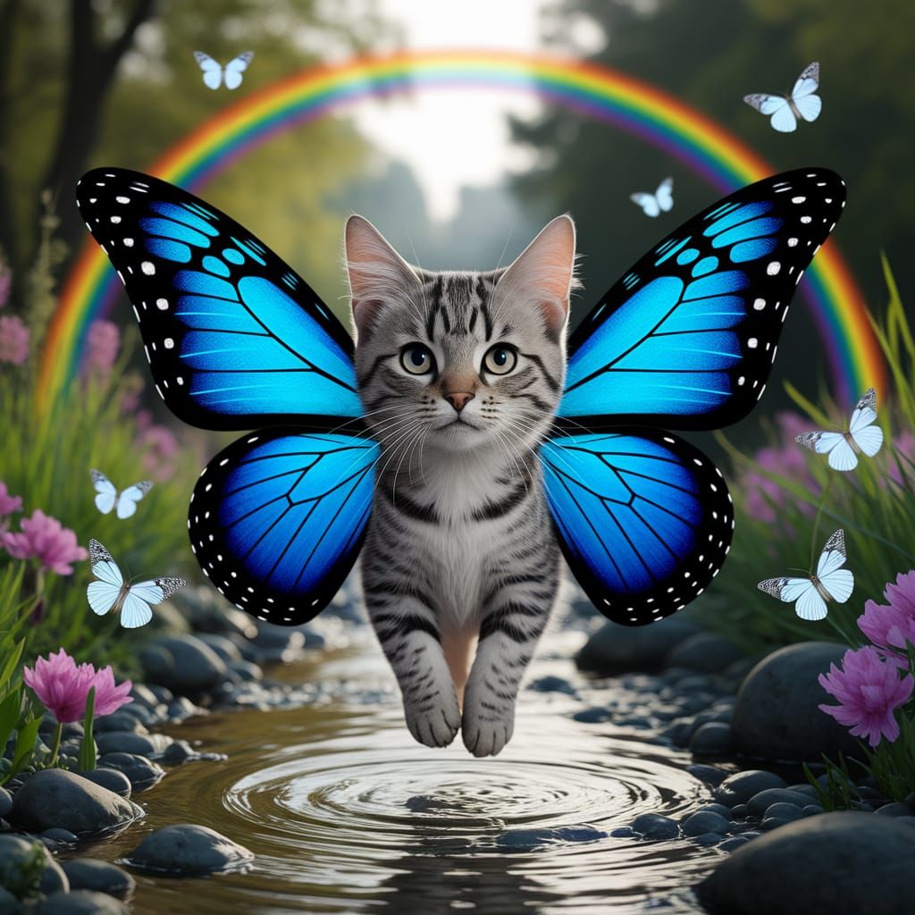 Whimsical Feline Pixie Soars in Sunshine with Rainbow