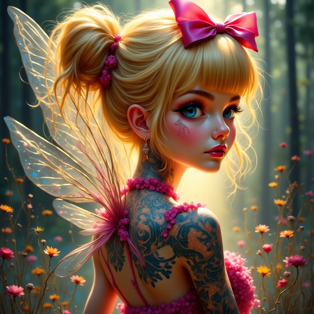 Hyperrealistic Tinkerbell with Tattoos and Elaborate Hair