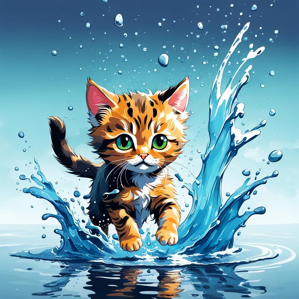 Small Cat Splashing: Digital Art