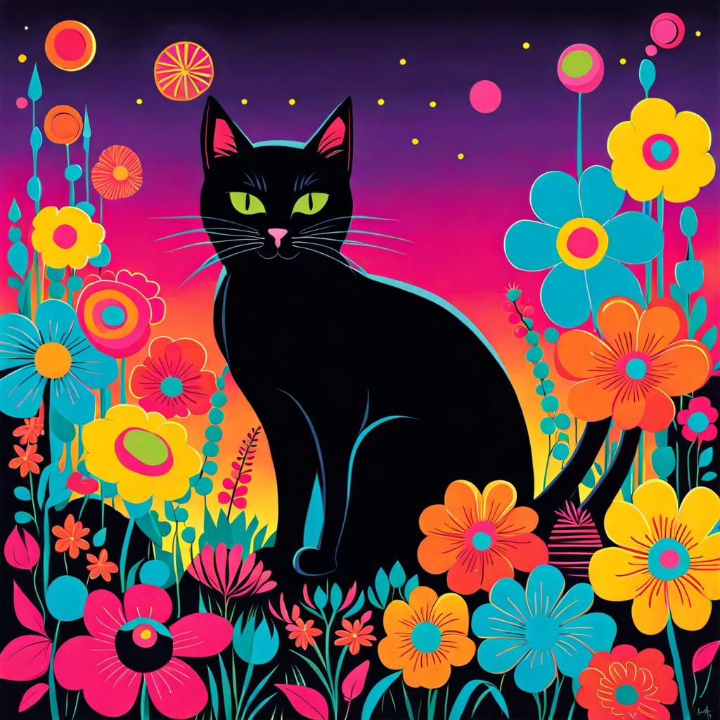 Pop Art Black Cat with Neon Flowers