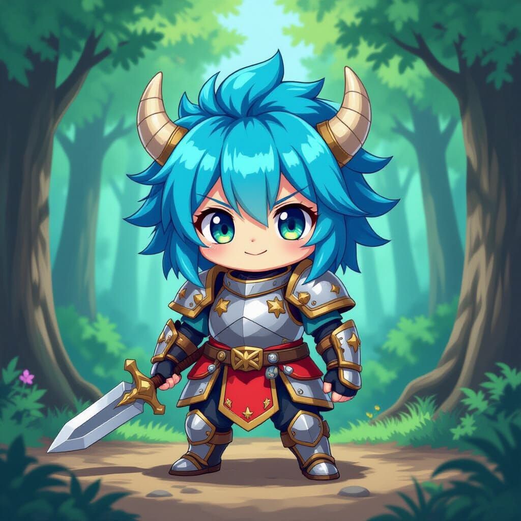 Chibi Armored Monster in Mystical Forest, Anime Style