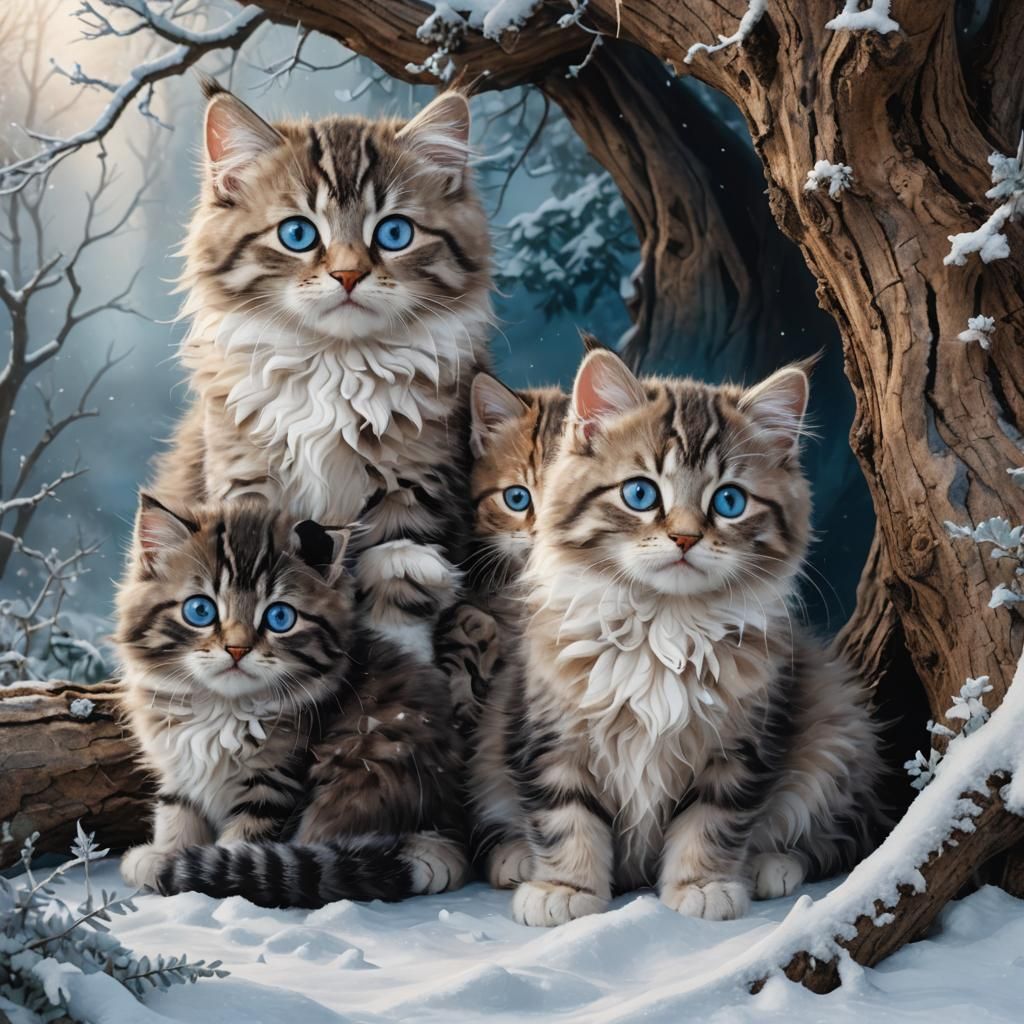 Mystical Winter Scene with Fluffy Tabby Kittens