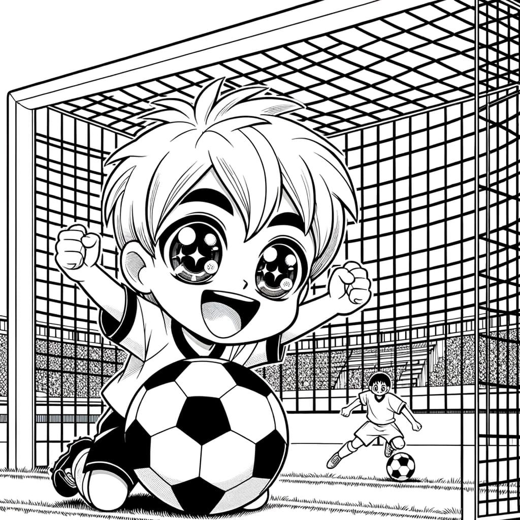 Joyful Soccer Player in Anime Style Line Art for Kids