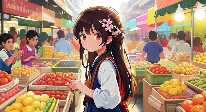 Thai Girl in Vibrant Market Scene, Hyperrealism Art