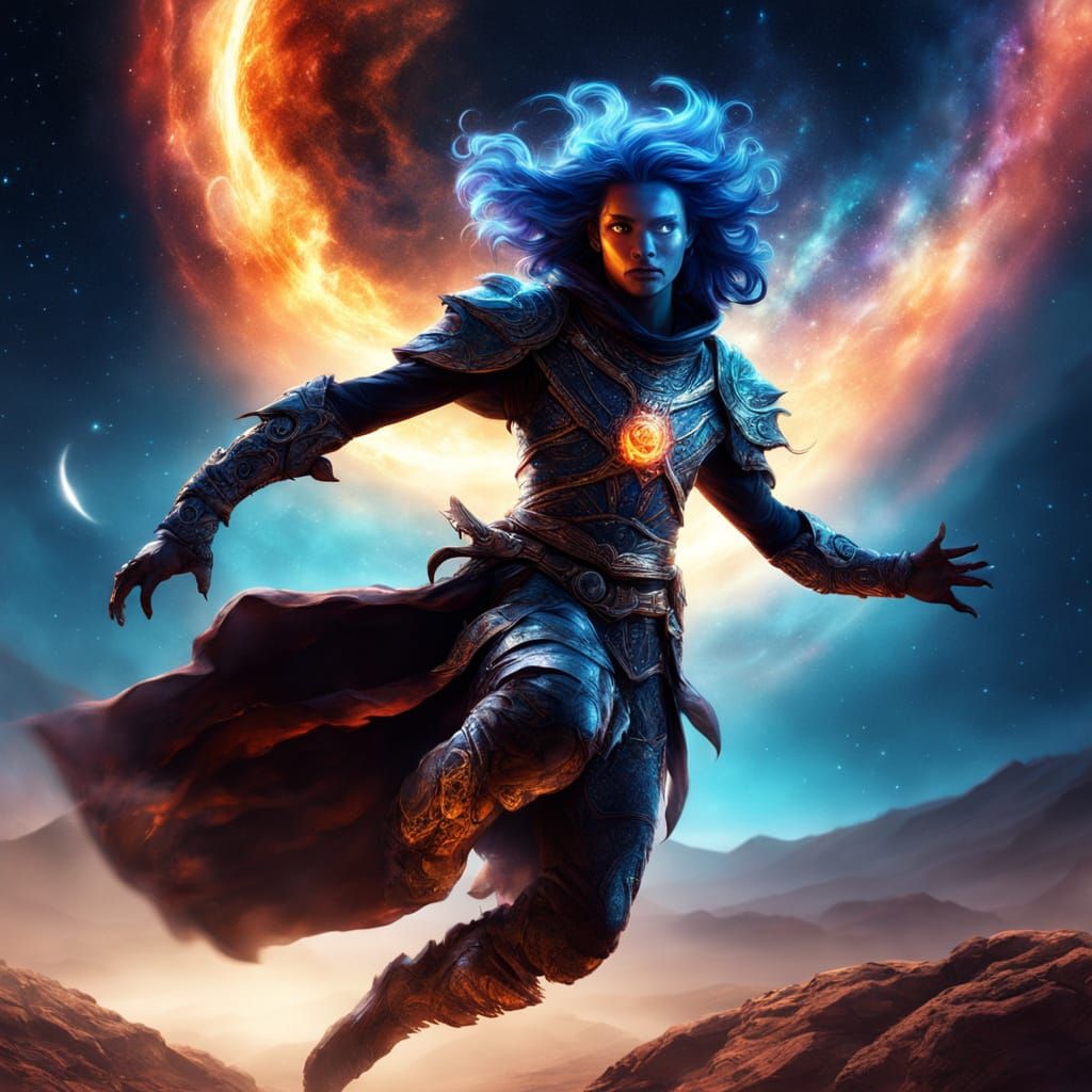 Celestial Enchantress in Midnight Blue Hair and Starry Silve...