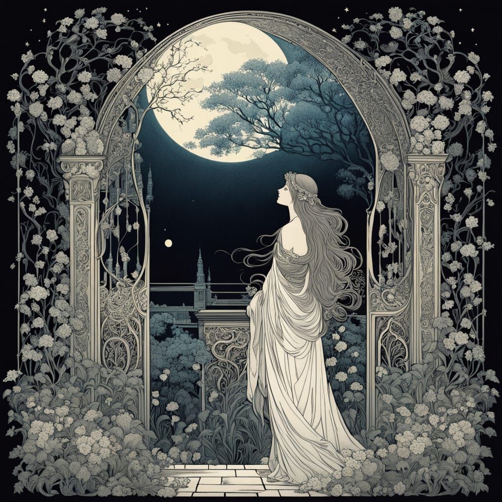 Art Nouveau Temple Gate Scene in Moonlight
