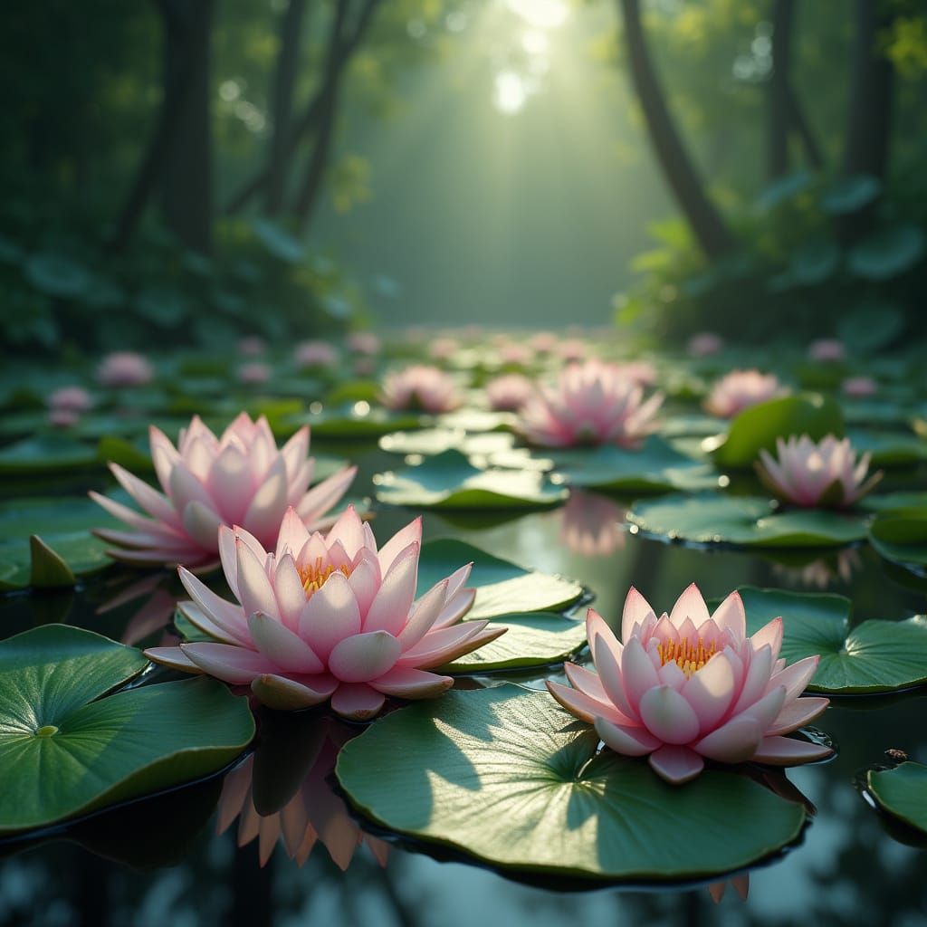 Fantastical Pond Scene with Pink and White Lotus Flowers in ...