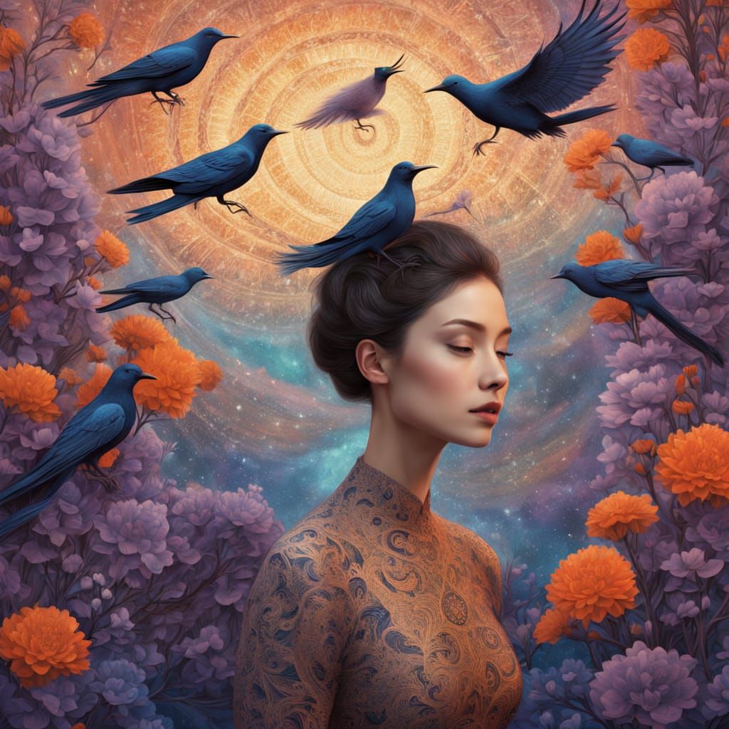 Ethereal Woman Transforms into Iridescent Birds Amid Cosmic ...