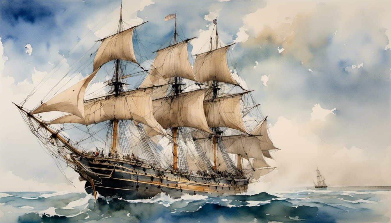 Watercolor Sailing Ship at Sea with Woodsplash Effect