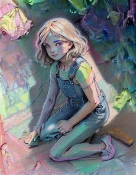 Vibrant Whimsical Chalk Art of a Happy Girl in a Fantasyscap...