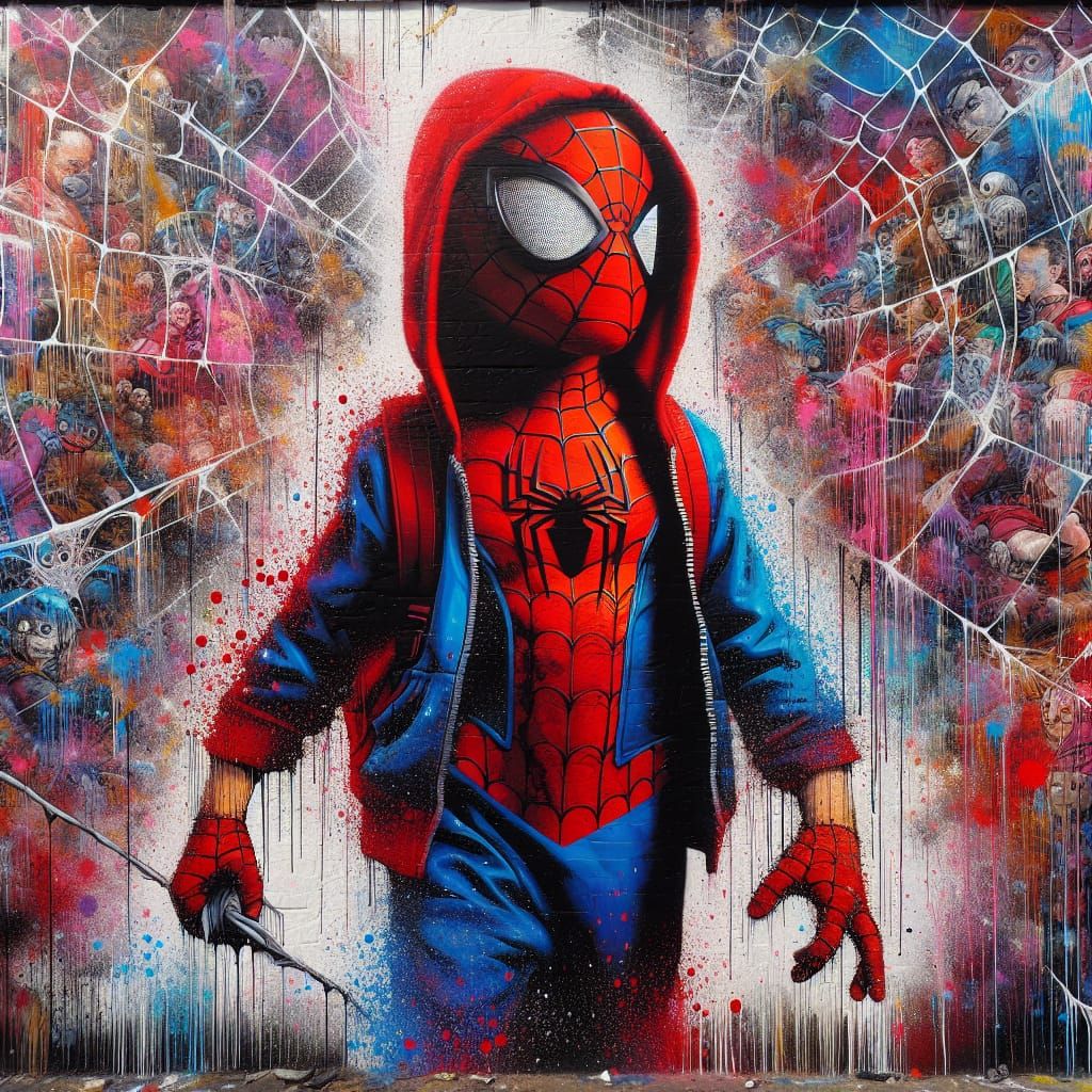 Superhero Child in Web Graffiti Street Art