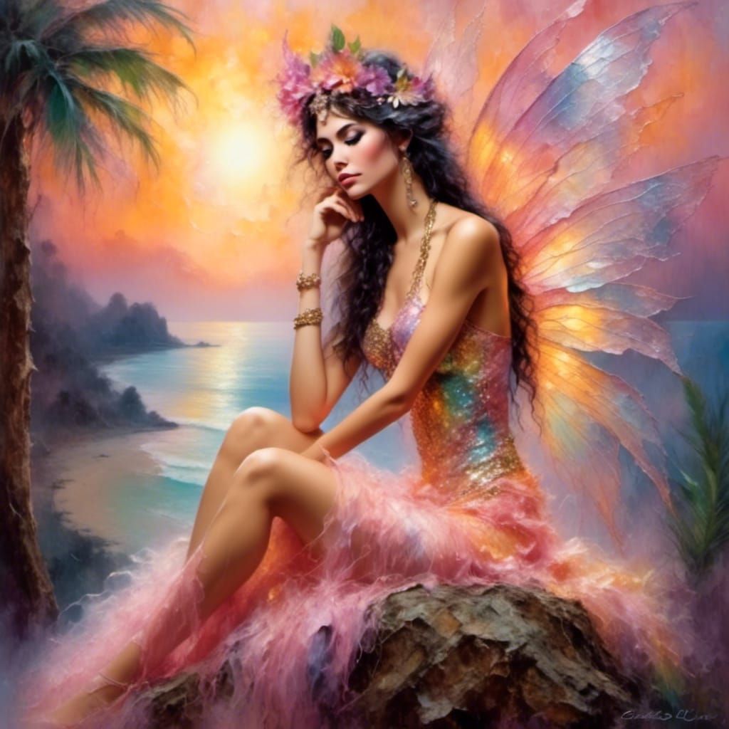 Whimsical Flower Fairy at Sunset in Pastel Colors