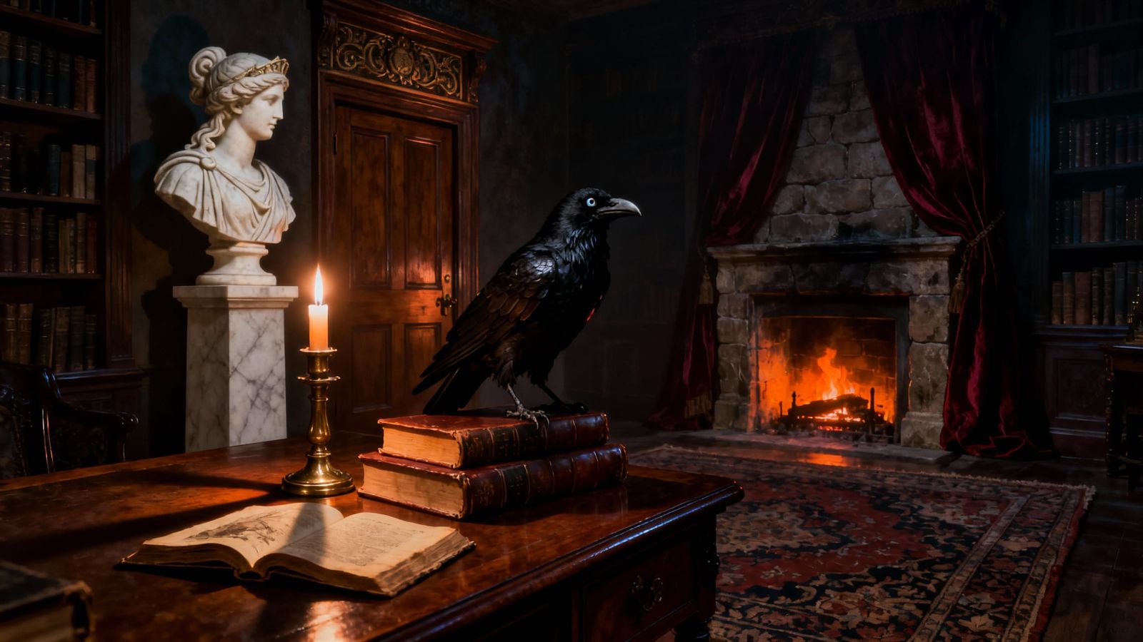 Gothic Study with Raven on Pallas Bust, Rembrandt Style