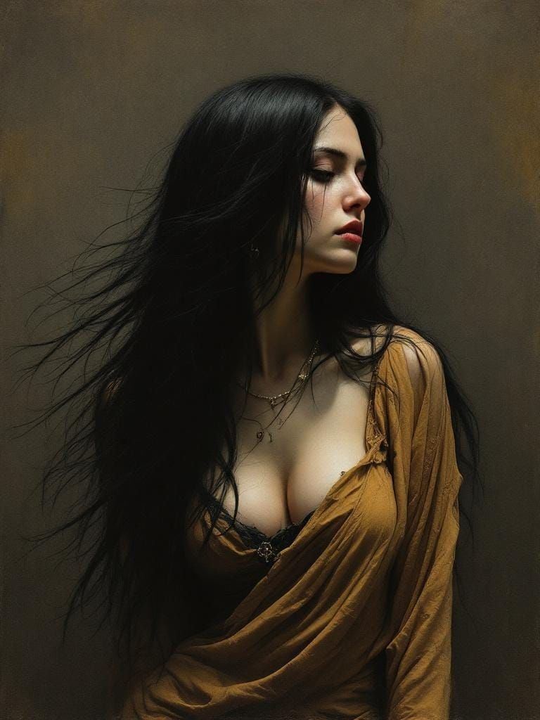 Dark Winged Woman in Austere Goya-Bruegel Style