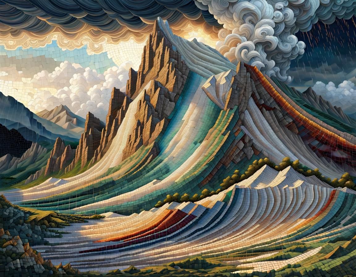 Mount Olympus in Tsunami as Textile Mosaic