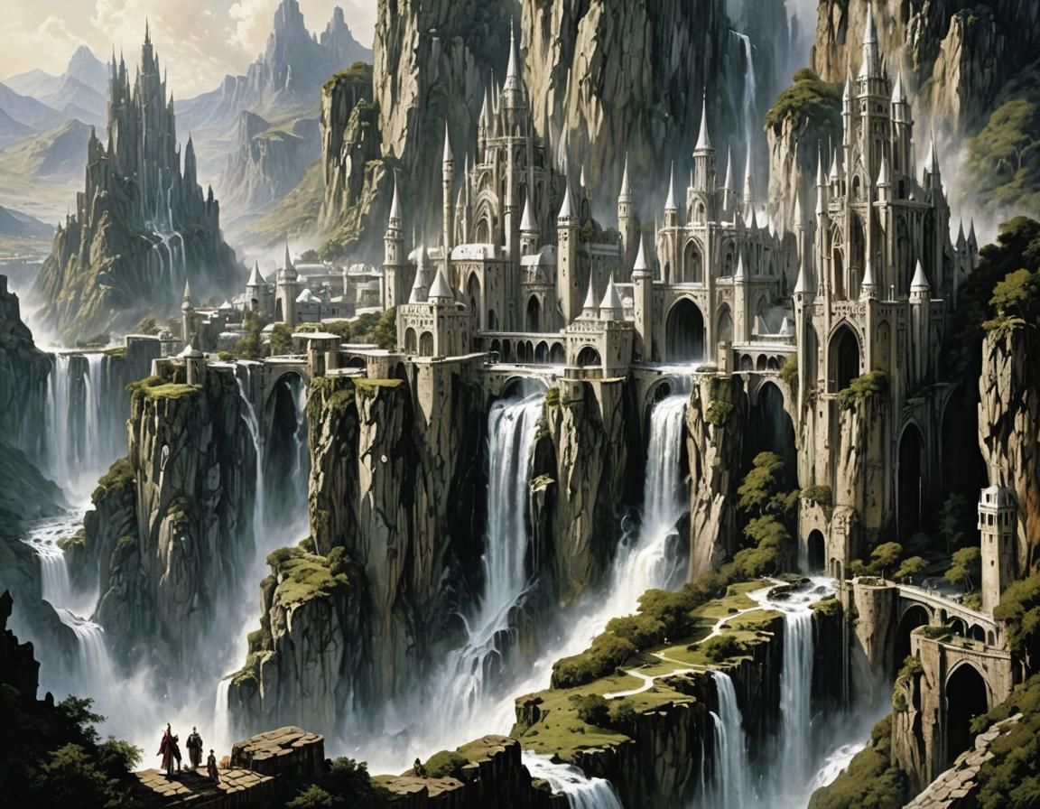Fantasy City with Waterfall, Medieval Illustration