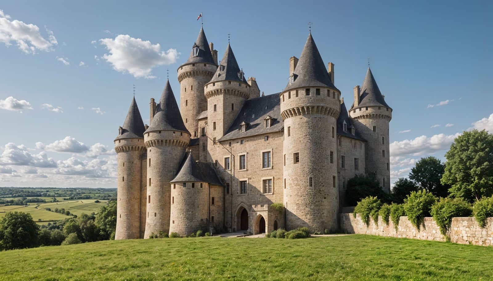 French Countryside Medieval Castle with Round Towers