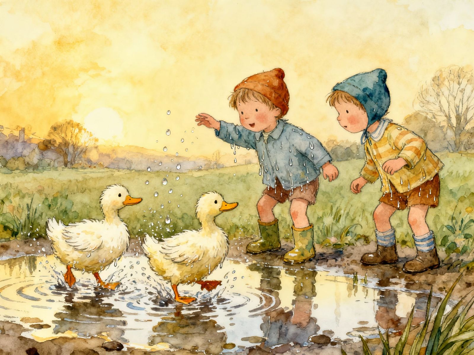 Whimsical Storybook Art: Toddlers and Ducks Splashing