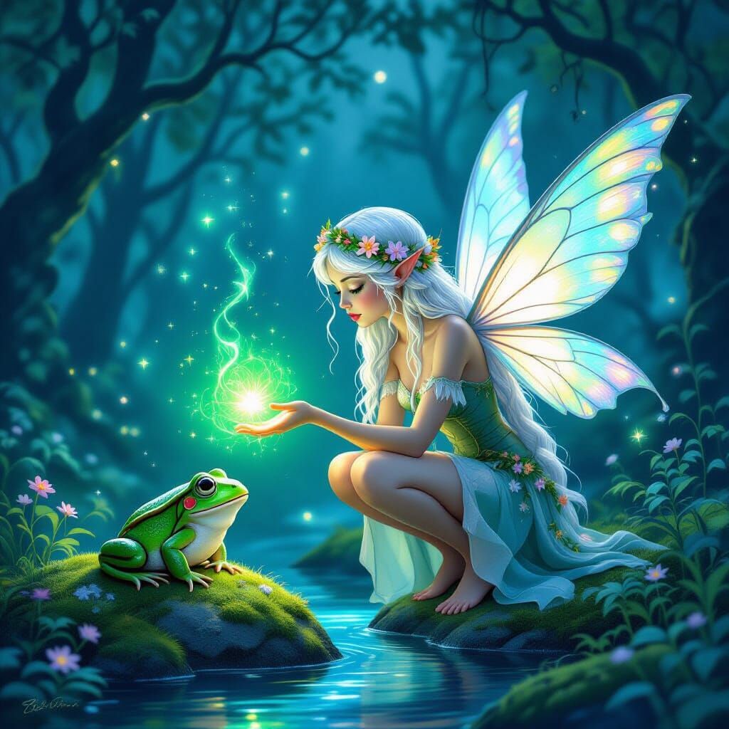 Whimsical Fairy Casts Emerald Spell on Startled Frog