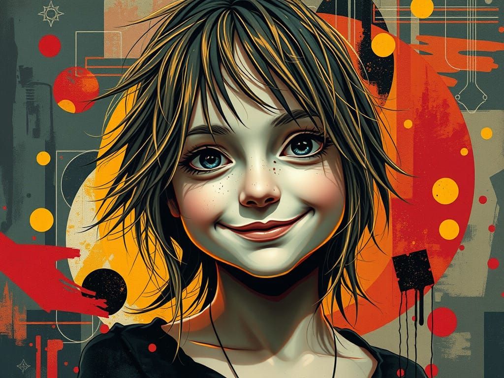 Vibrant, Grungy Girl with Windswept Hair in Rich, Earthy Col...