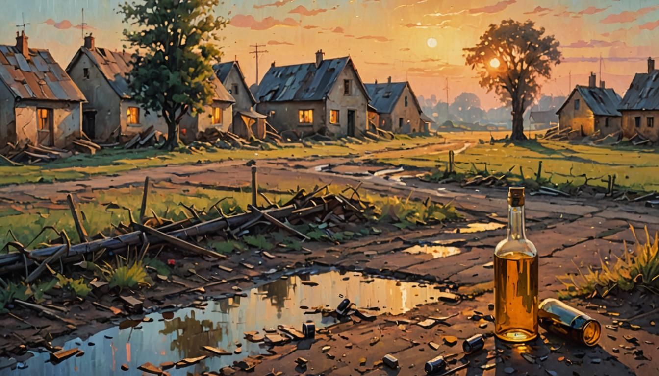 Quiet Village Morning: Surreal Oil Painting at Dawn