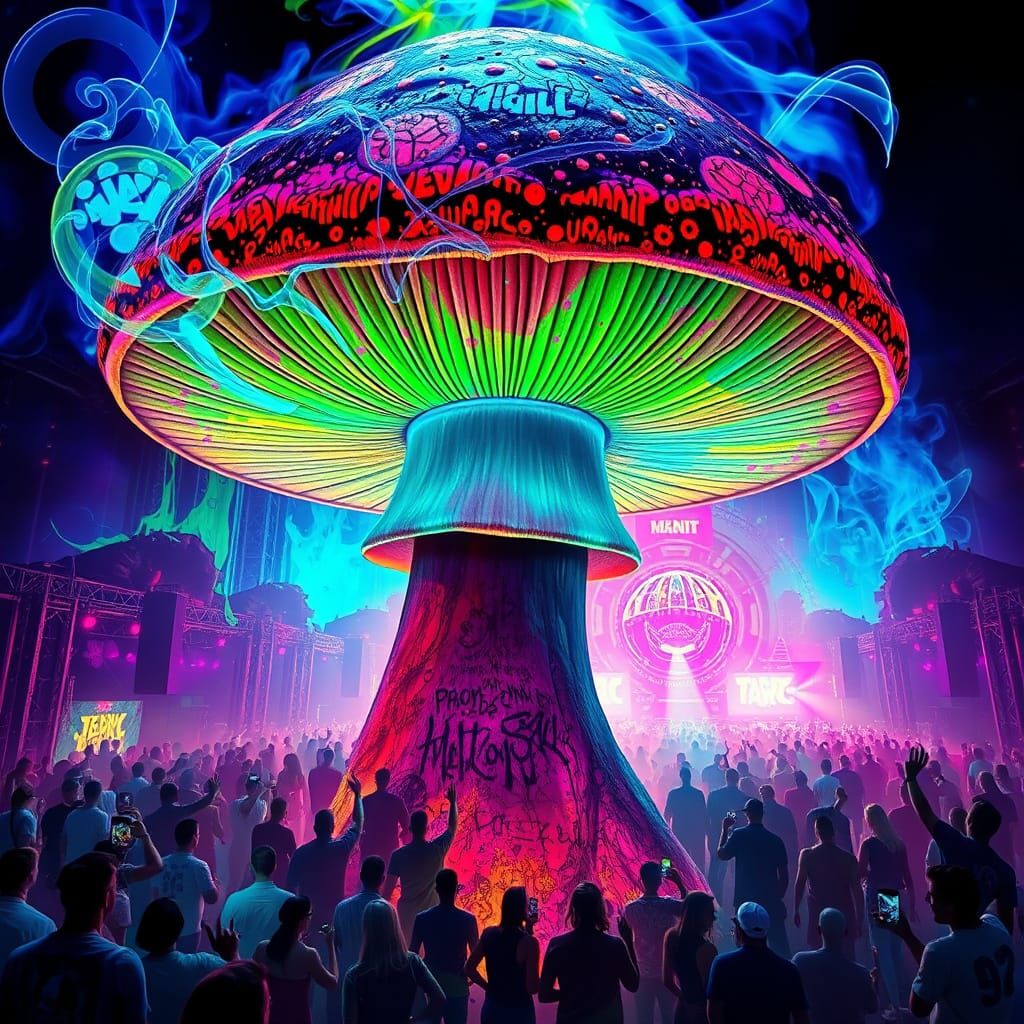 Glowing Iridescent Mushroom Over Techno Dancefloor