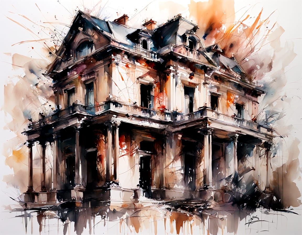 Abandoned Mansion Frozen in Time: Watercolour Painting