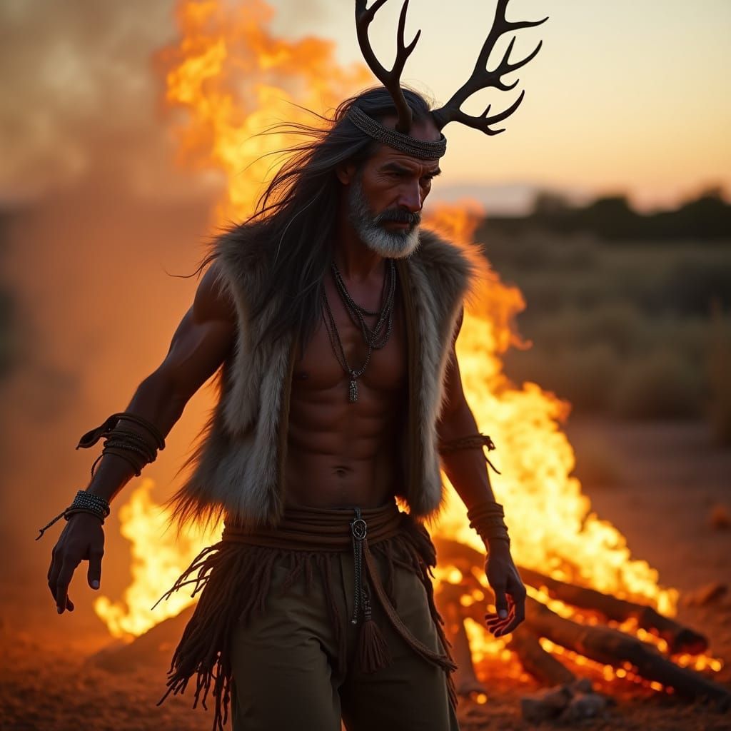 Mystical Man Dancing by Bonfire in Golden Hour