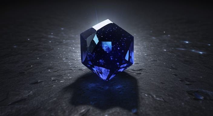 Glowing Faceted Sapphire Gemstone on Star-Dusted Surface