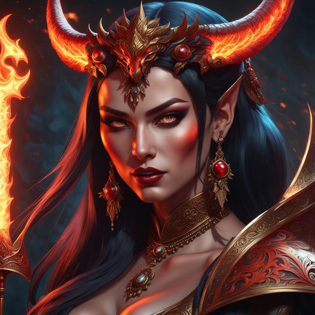 Fiery Demon Countess Portrait in Synthwave Style