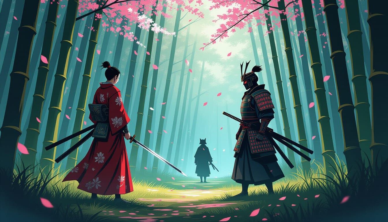 Digital Ukiyo-e Samurai Battle in Bamboo Forest