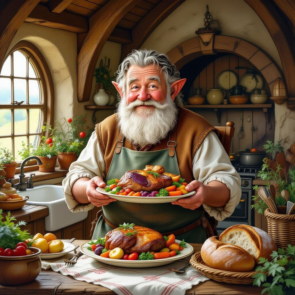 Hobbit Feast in Cozy Home, Fantasy Art Style