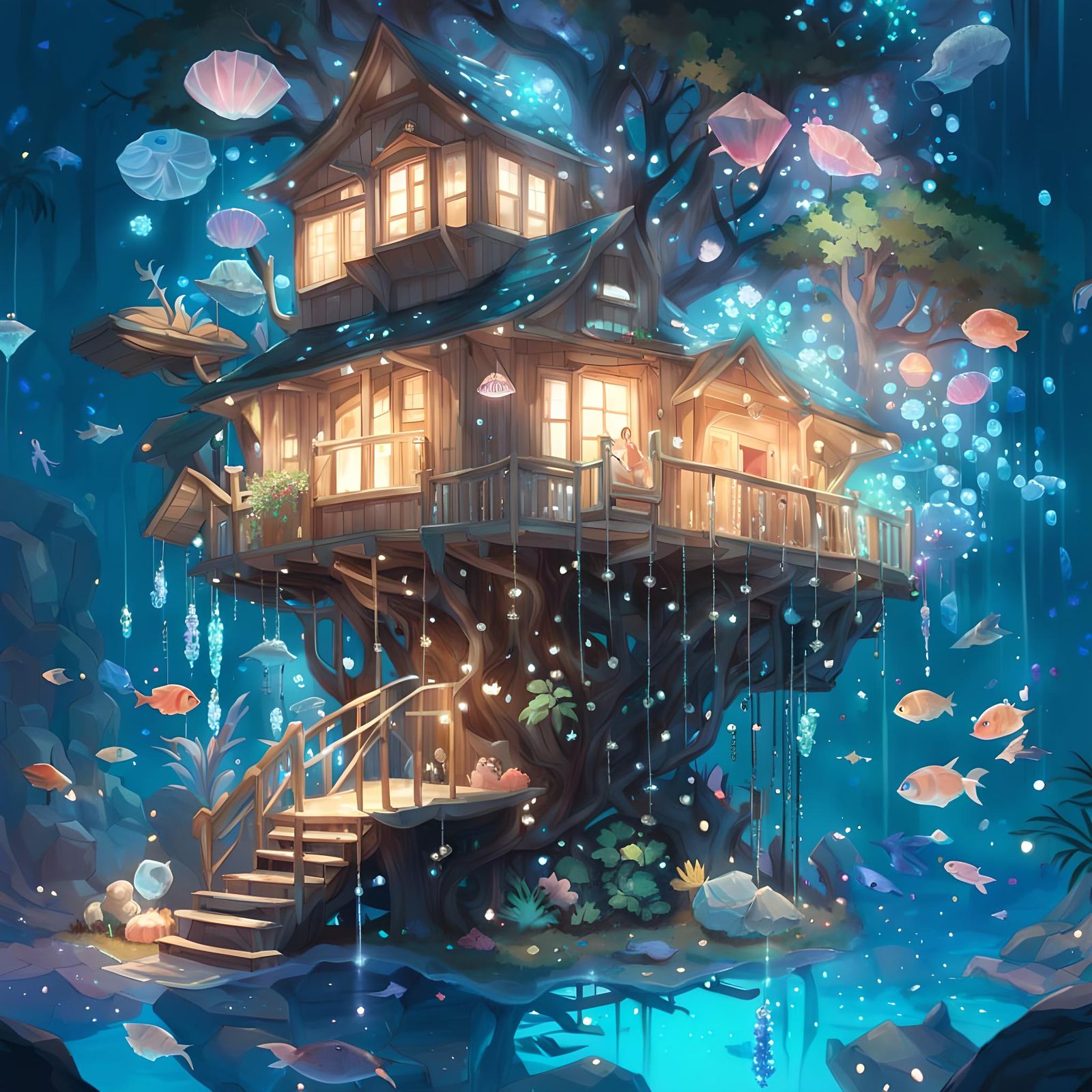 Enchanted Underwater Treehouse in a Fantasy Style
