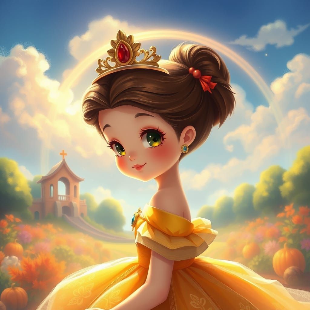 Realistic Princess in Castle Garden with Rainbow