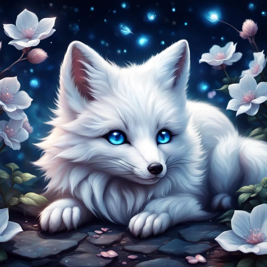 Adorable White Fox with Blue Eyes in Digital Art