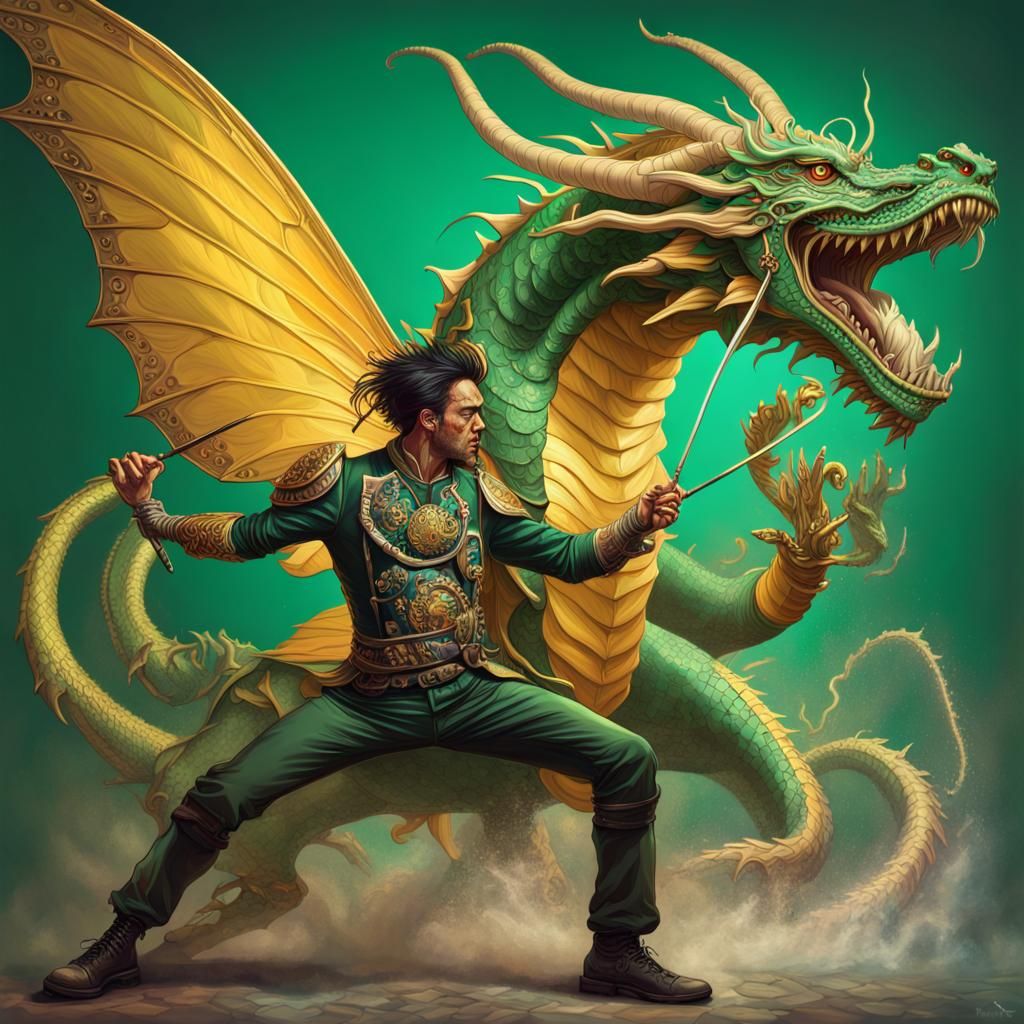 Steampunk Warrior Battling Dragon: Psychedelic Splash Art