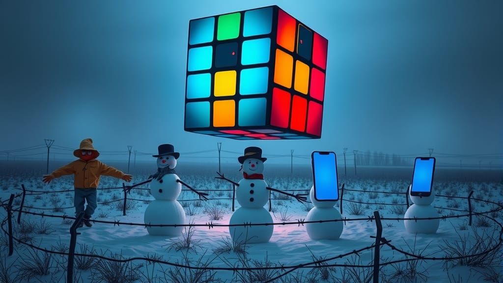 Surreal Winter Scene with Scarecrows, Snowmen, and Glowing i...