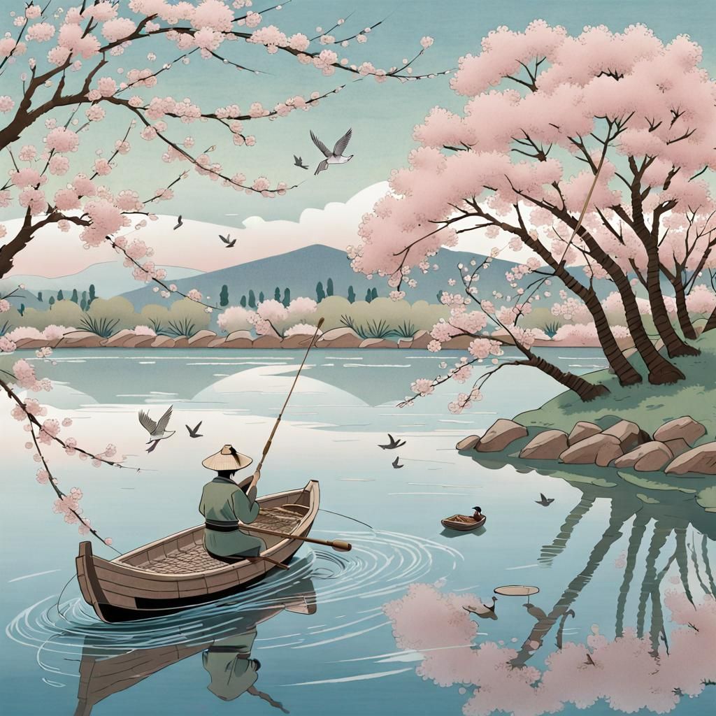 Ukiyo-e Fisherman at Riverside Scene