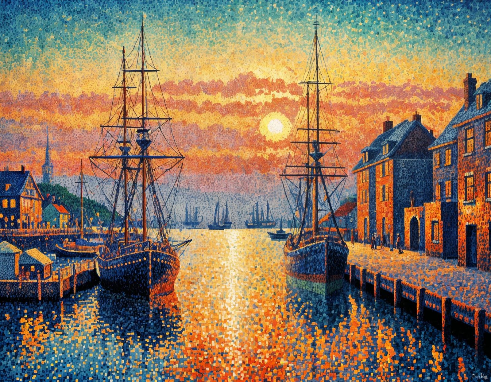 Sunset Harbor in Pointillist Style