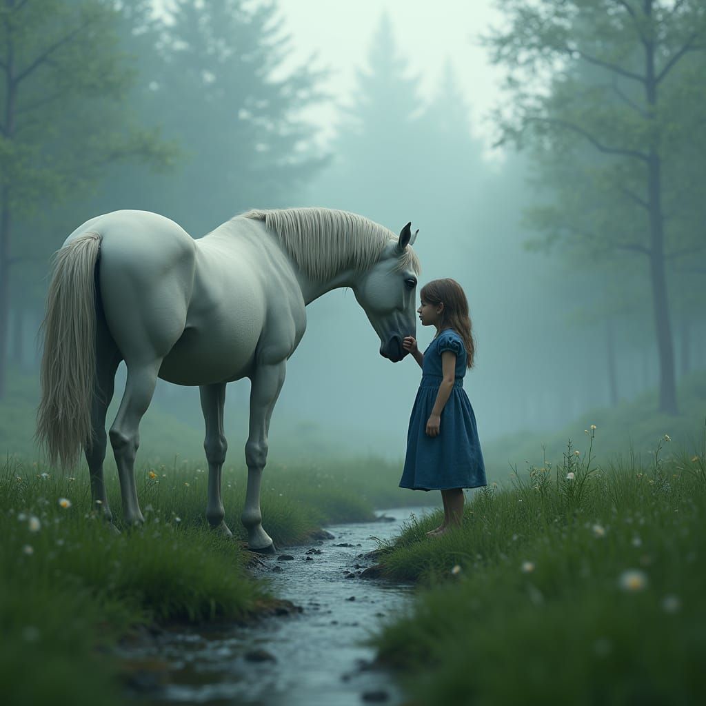 Sad Girl Comforted by Horse in Misty Pasture