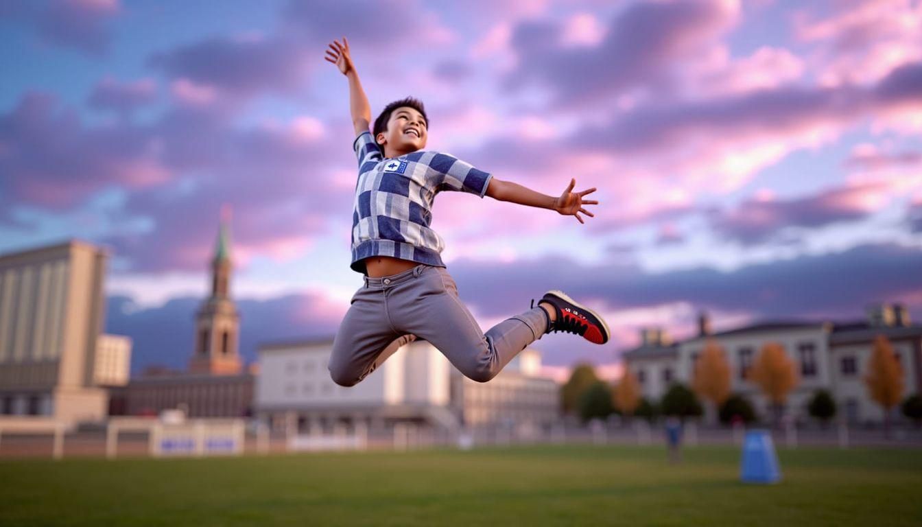 Boy Jumps Before Cleveland Skyline in Matte Painting