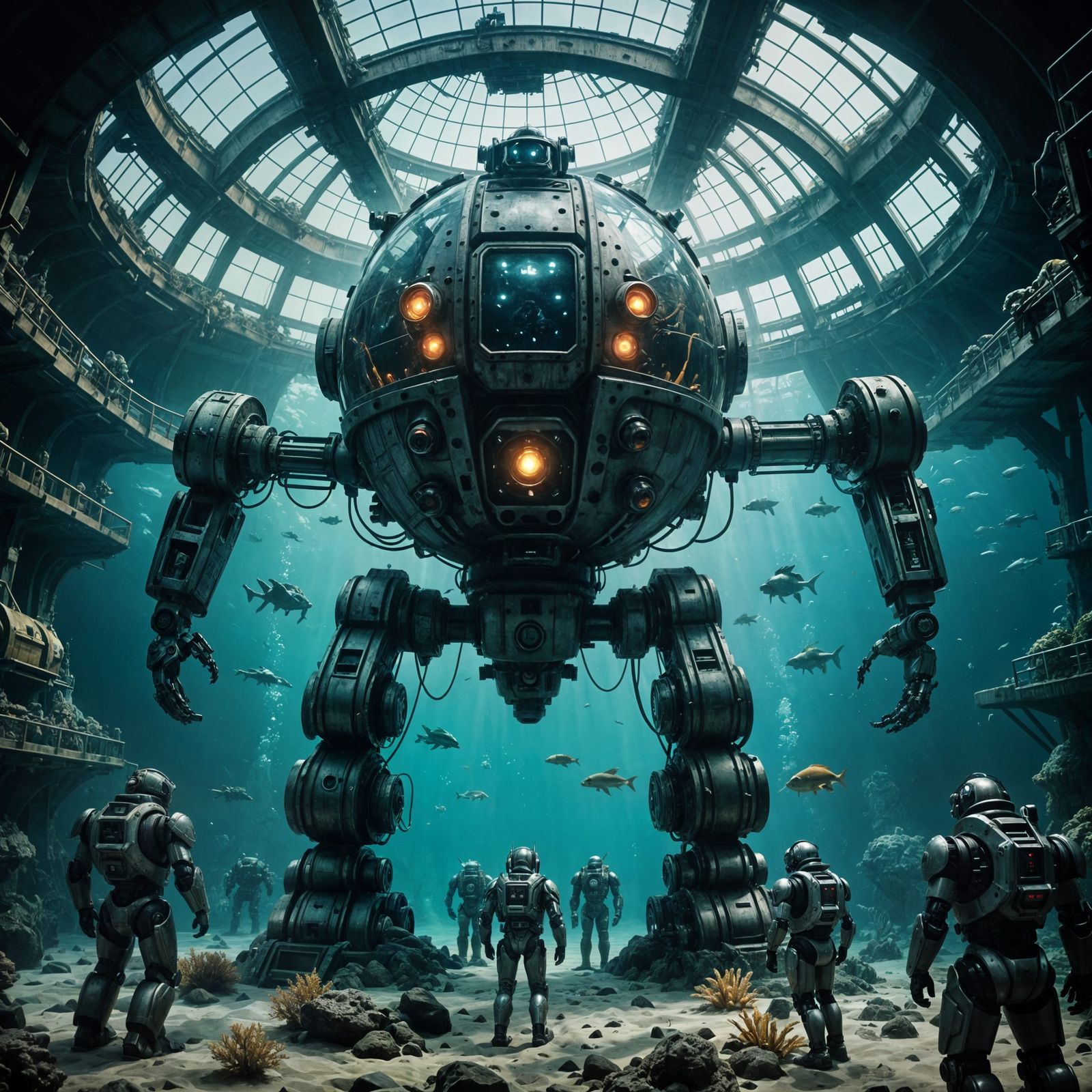 Underwater Dome With Villain Commanding Robot Army Cinematic