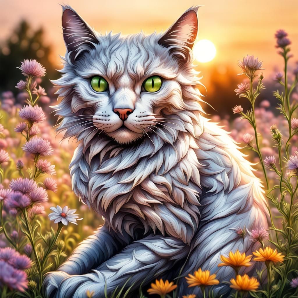 Dragonic Silver Cat in Wildflower Field at Sunset